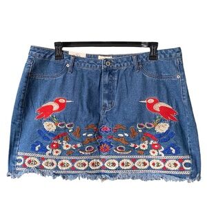 Umgee Floral Bird Embroidered Boho Denim Mini Skirt Womens Plus Size 2XL NWT